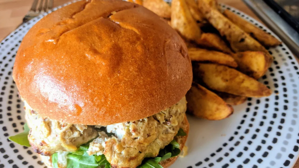 Photograph of Apple & mustard pork burgers.
