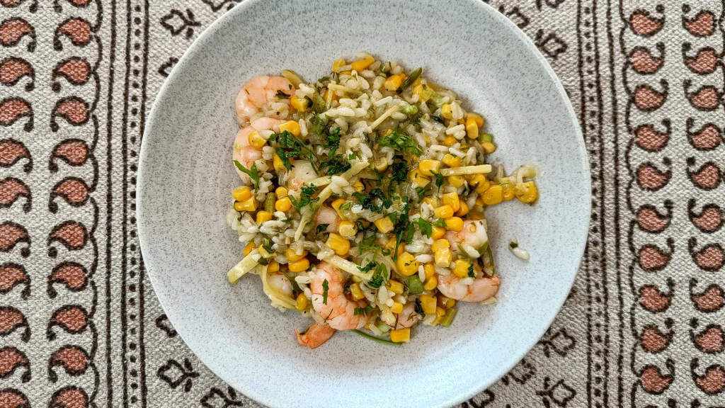 Photograph of Aromatic prawn & sweetcorn rice.