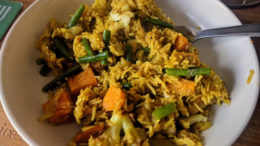 Photograph of Baked vegetable biryani.