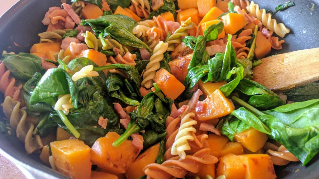 Photograph of Butternut & bacon fusilli.