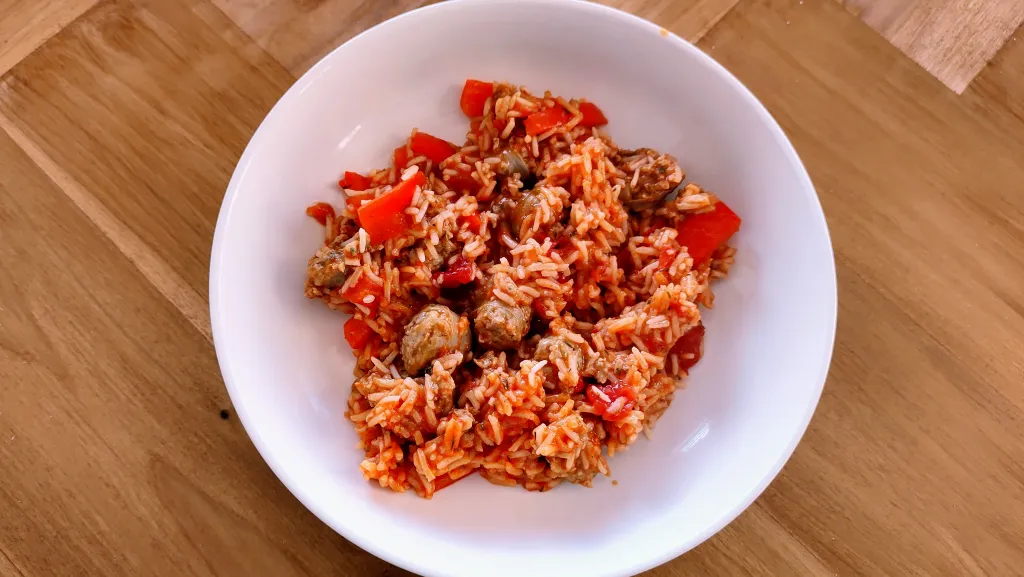 Photograph of Cajun sausage and rice skillet.