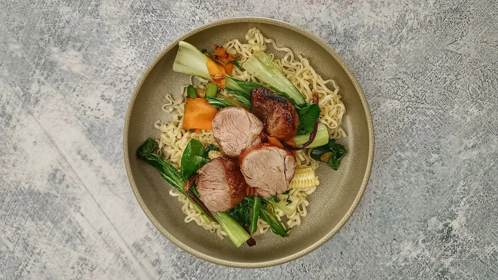 Photograph of Char-siu-style pork tenderloin.