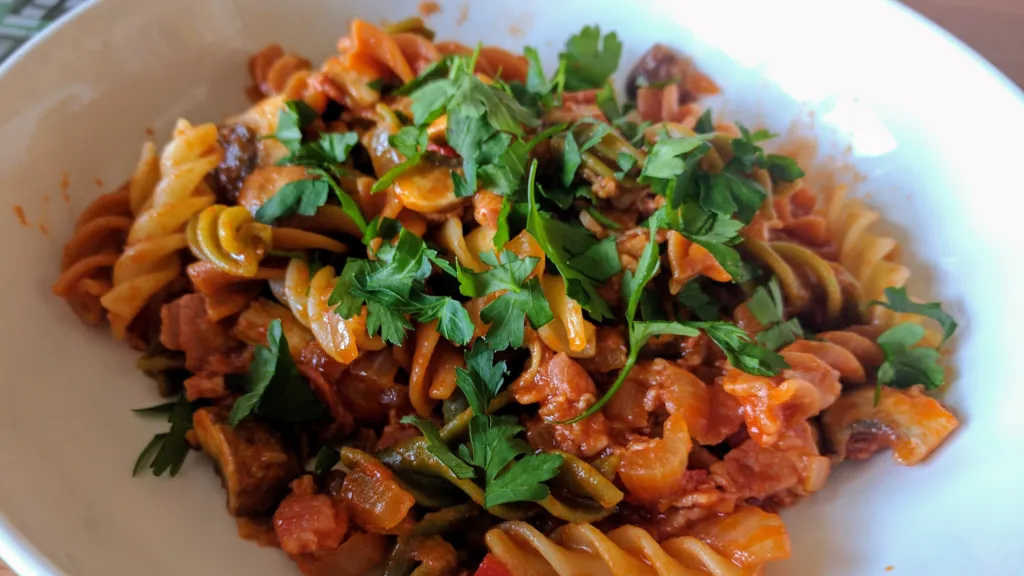 Photograph of Chestnut mushroom, fennel & bacon fusilli.