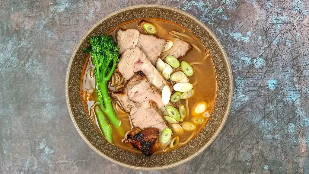Photograph of Chinese BBQ pork noodle soup.