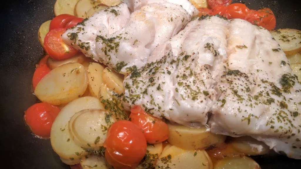 Photograph of Chorizo, new potatoes and haddock.