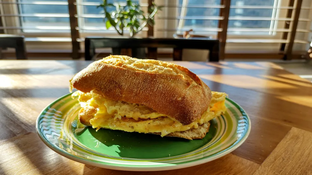 Photograph of Codfish omelet sandwich.