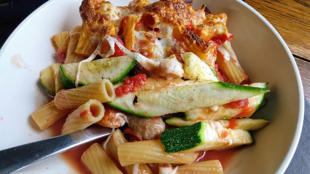 Photograph of Courgette, sausage & rigatoni bake.