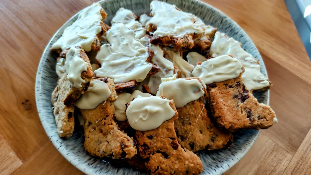 Photograph of Cranberry, oat and white chocolate biscuits.