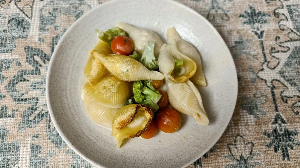 Photograph of Creamy hummus pasta bake.