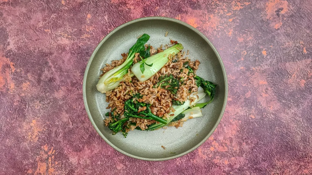 Photograph of Crispy ginger & chilli pork fried rice.