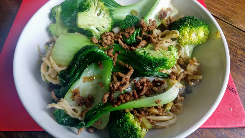Photograph of Crispy lamb noodles.