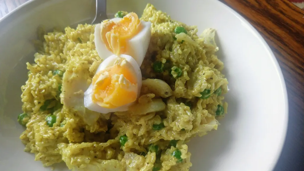 Photograph of Curried haddock kedgeree.