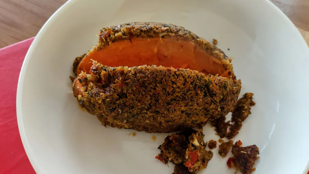 Photograph of Curry-crusted sweet potatoes.