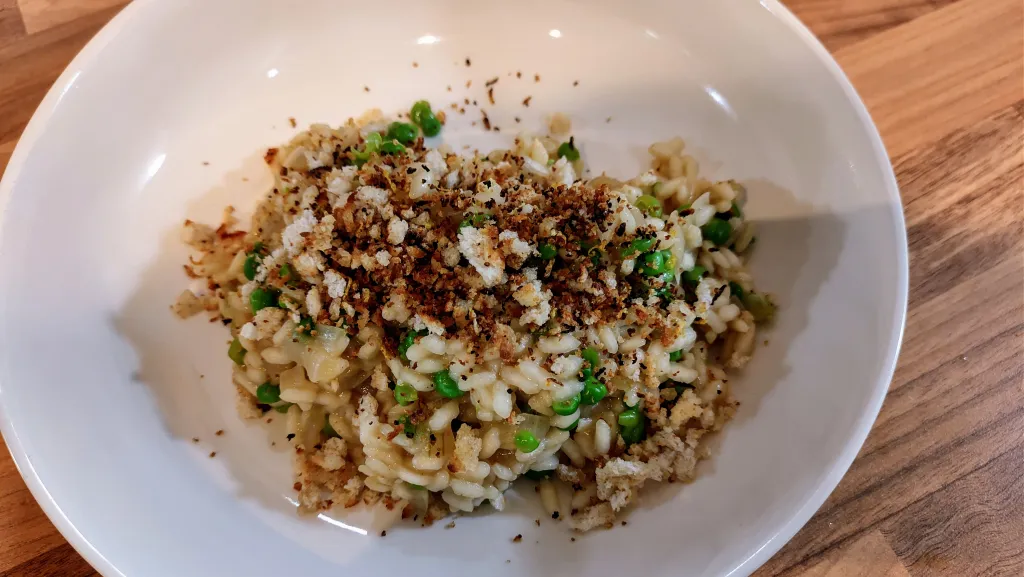 Photograph of Easy peasy risotto with chilli & mint crumbs.