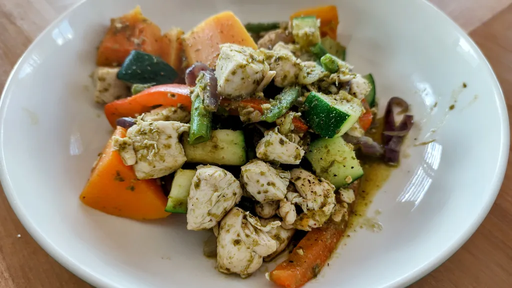 Photograph of Easy pesto chicken and vegetables.