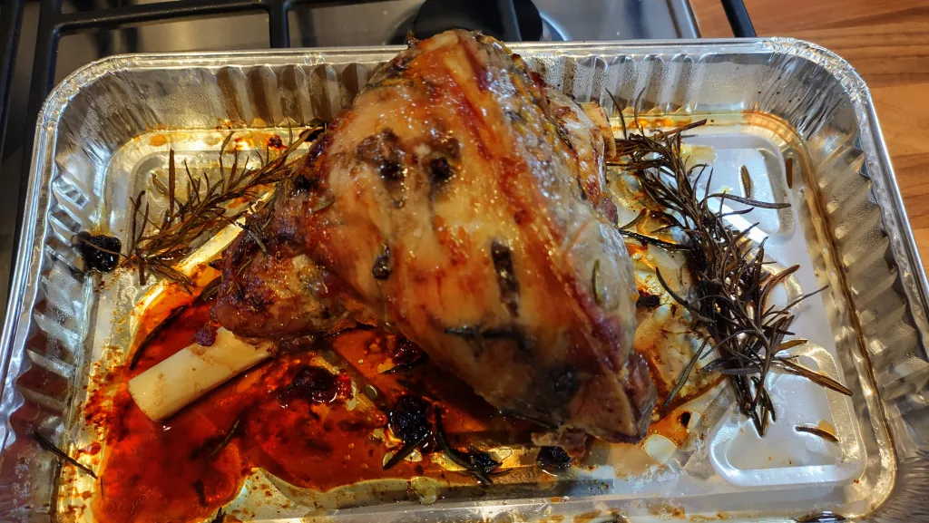 Photograph of Festive roast leg of lamb.
