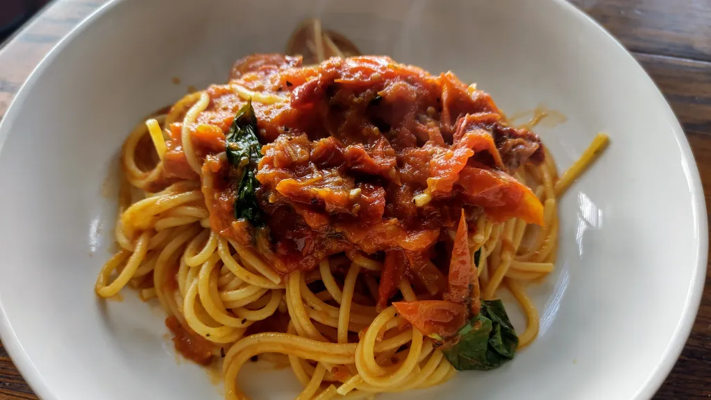 Photograph of Fettuccine with spiced cherry tomato sauce.