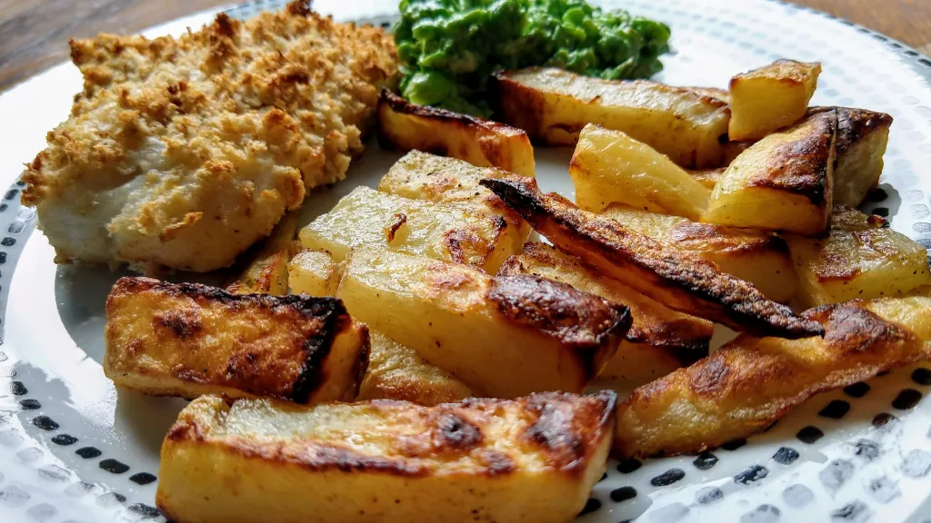 Photograph of Fish, chips and mushy peas.