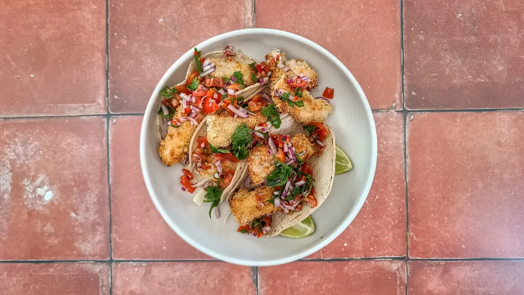 Photograph of Fish kebab tacos.