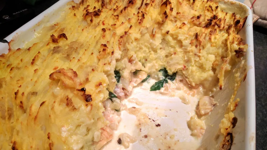 Photograph of Fish pie with saffron mash.