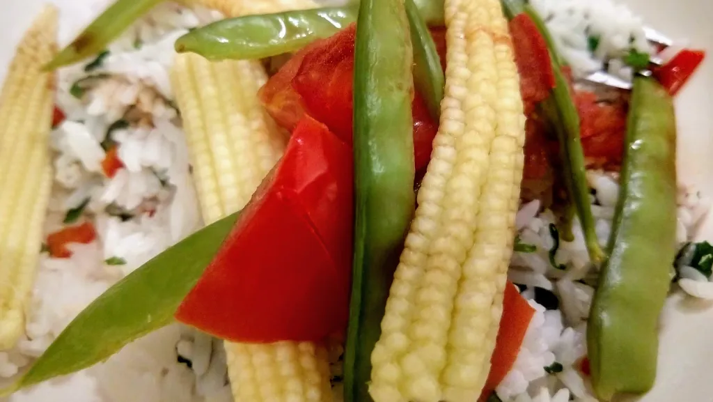 Photograph of Fragrant rice with chilli vegetables.