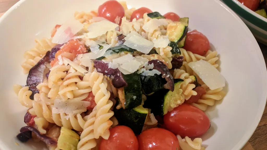 Photograph of Fusilli with roasted vegetables.