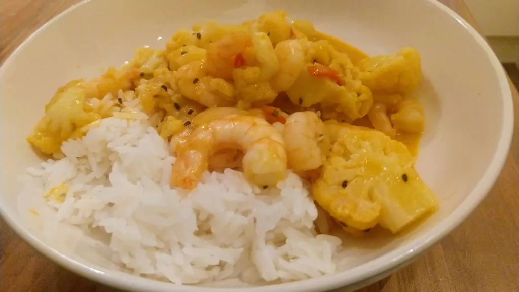 Photograph of Goan prawn, potato & coconut curry.