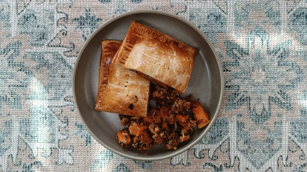 Photograph of Harissa chicken, tomato and olive pasties.