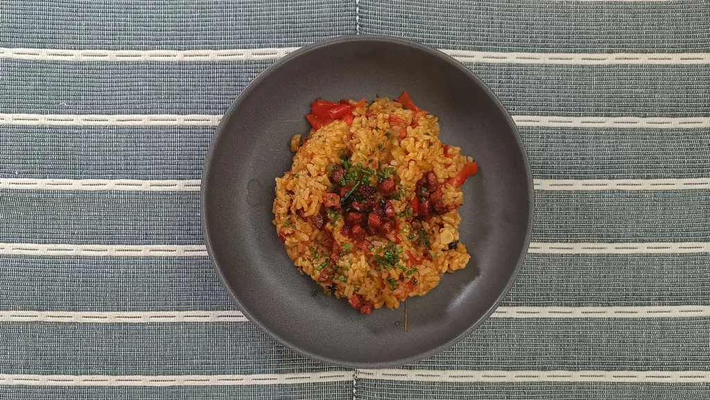 Photograph of Jammy sweet pepper & chorizo rice.
