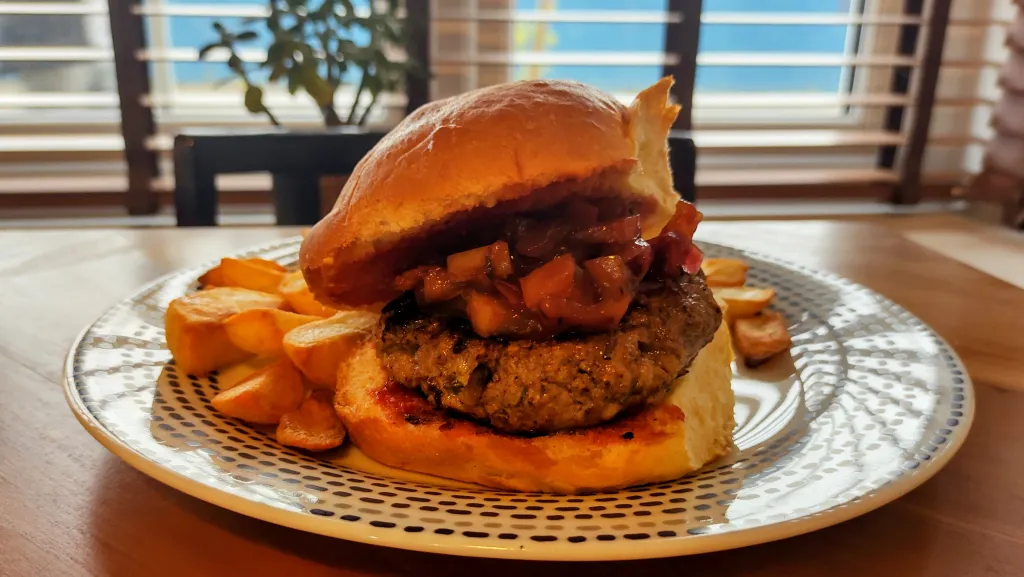 Photograph of Lamb rosemary and apple burgers with apple and cider relish.