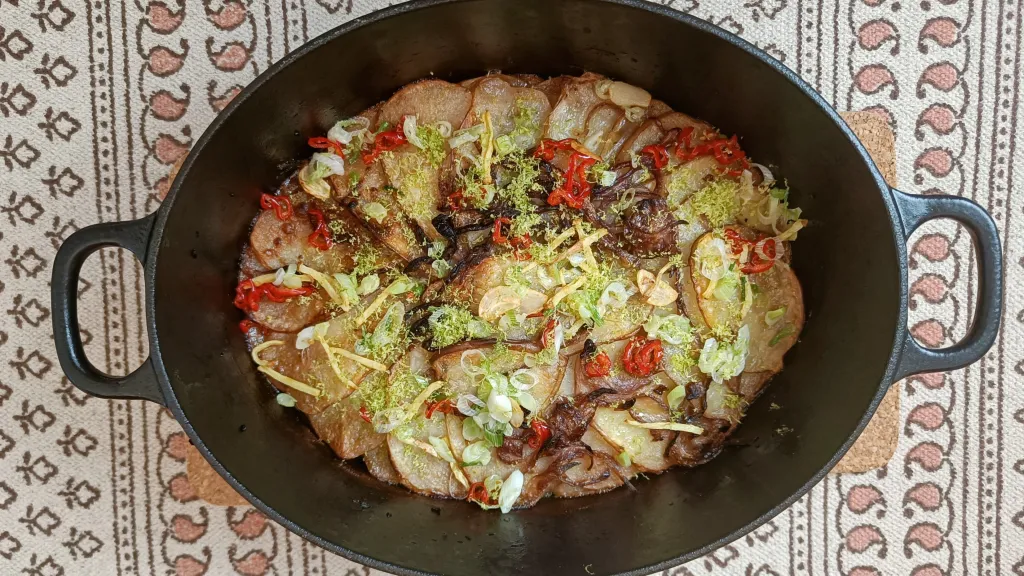 Photograph of Lime and coconut potato gratin.
