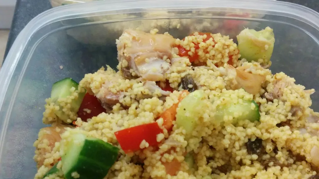 Photograph of Mackerel in curried couscous salad.