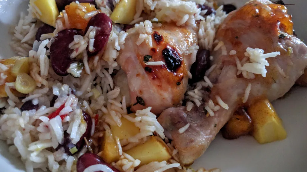 Photograph of Mango chicken, bean & rice bake.