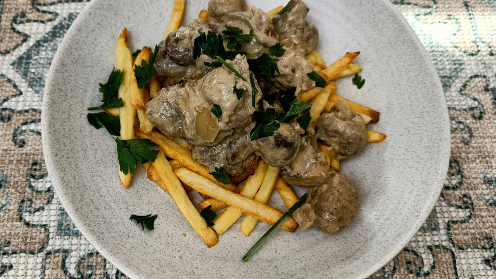 Photograph of Meatball & mushroom stroganoff.