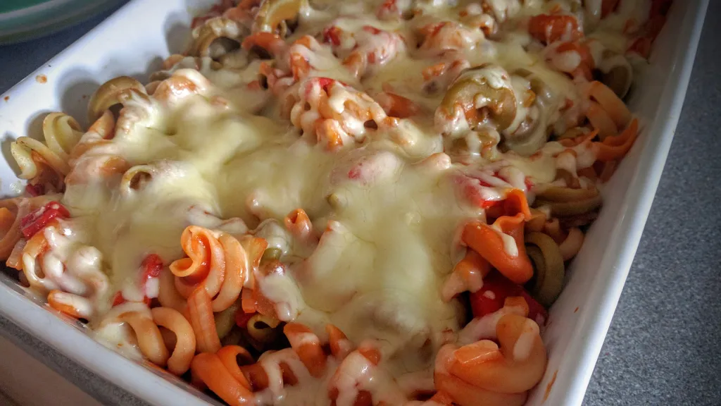 Photograph of Meatball pasta bake.