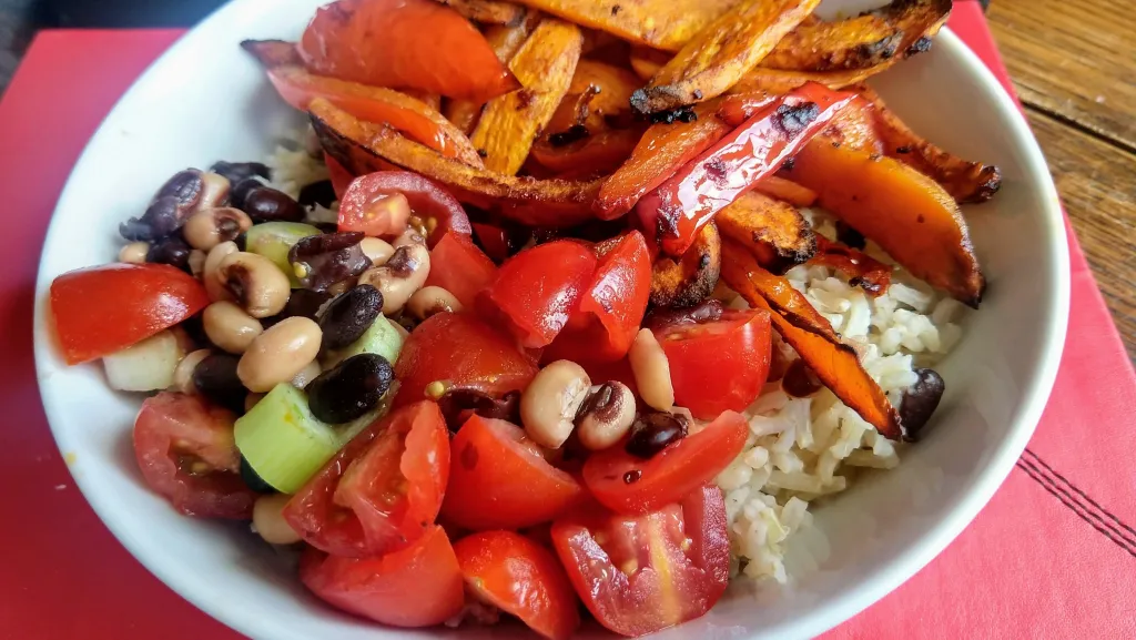 Photograph of Mexican sweet potato rice bowls.
