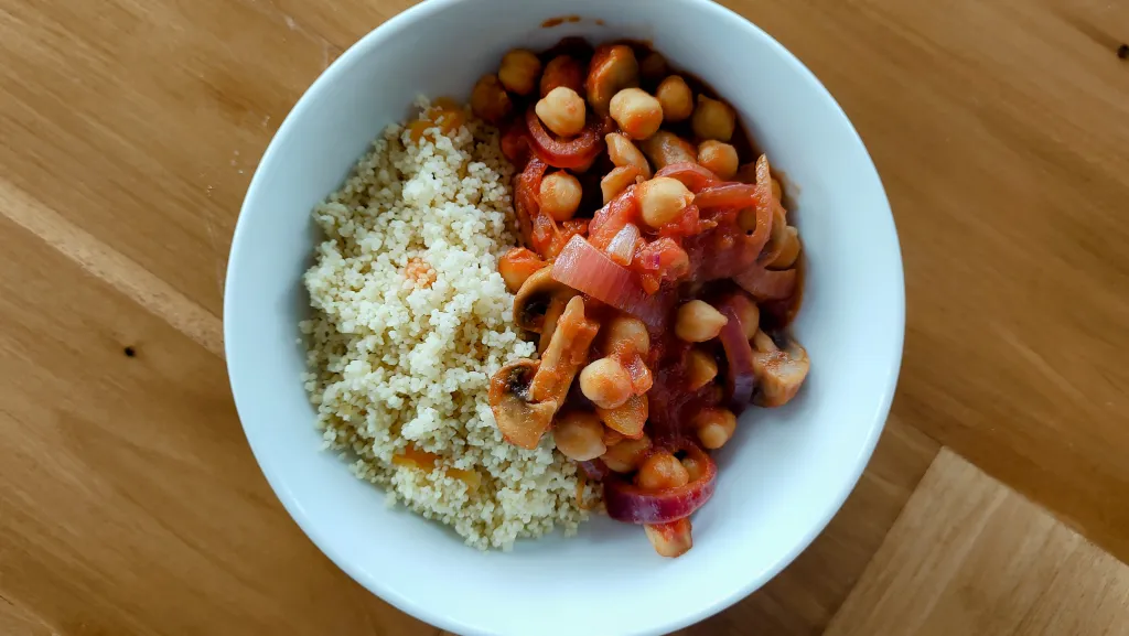 Photograph of Moroccan mushrooms with couscous.