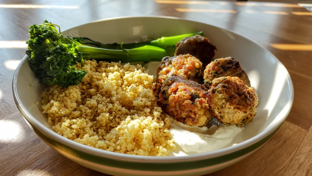 Photograph of Moroccan-spiced chicken meatballs.
