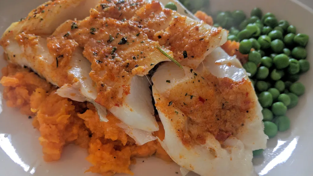 Photograph of Moroccan spiced fish with ginger mash.