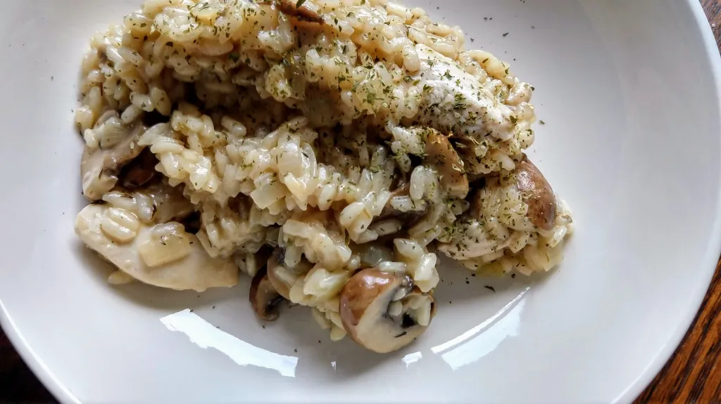 Photograph of One-pot chicken & mushroom risotto.