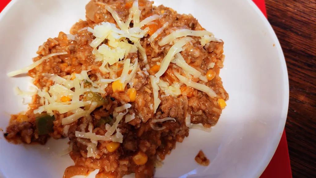 Photograph of One pot taco beef rice skillet.