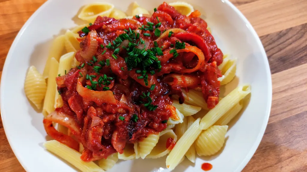 Photograph of Pancetta penne all'arrabbiata.