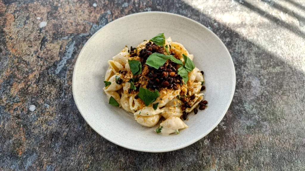 Photograph of Pasta with yoghurt and parsley breadcrumbs.