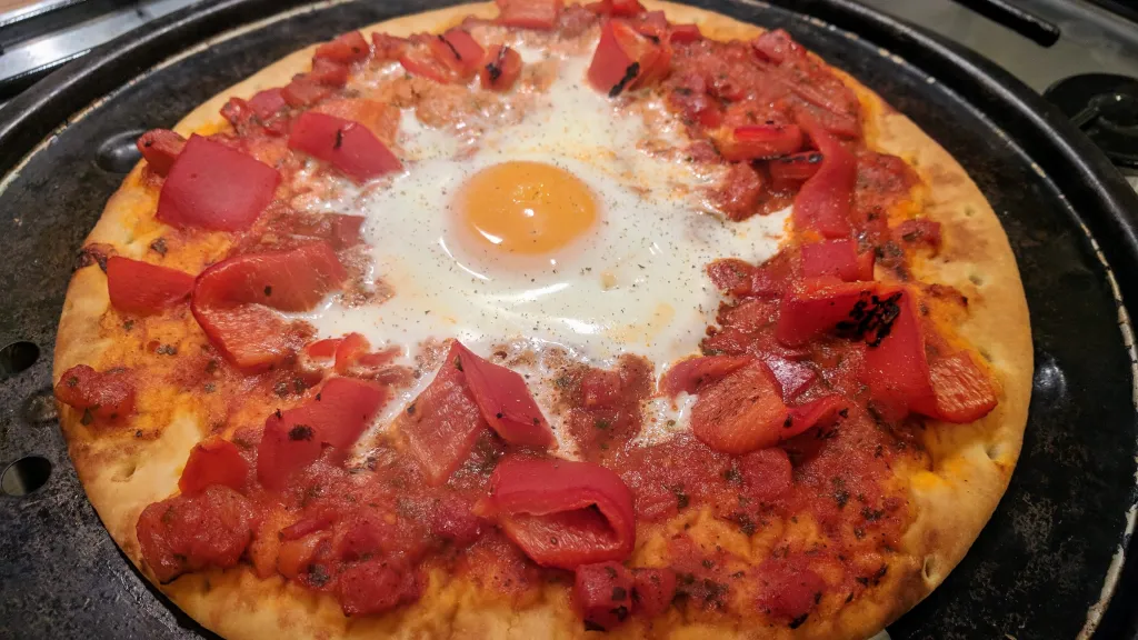 Photograph of Pepper and egg pizza.