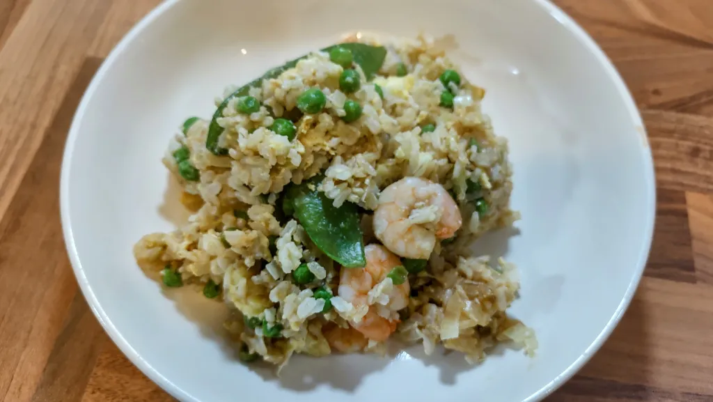 Photograph of Prawn fried rice.