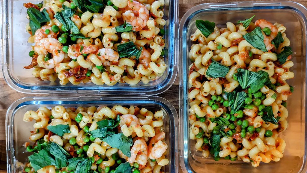 Photograph of Prawn pasta salad.