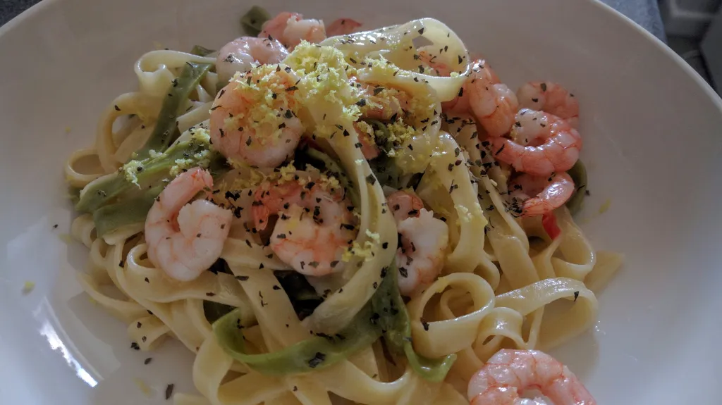 Photograph of Prawn pasta.