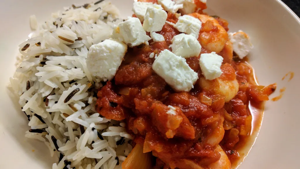 Photograph of Prawns with tomato & feta.