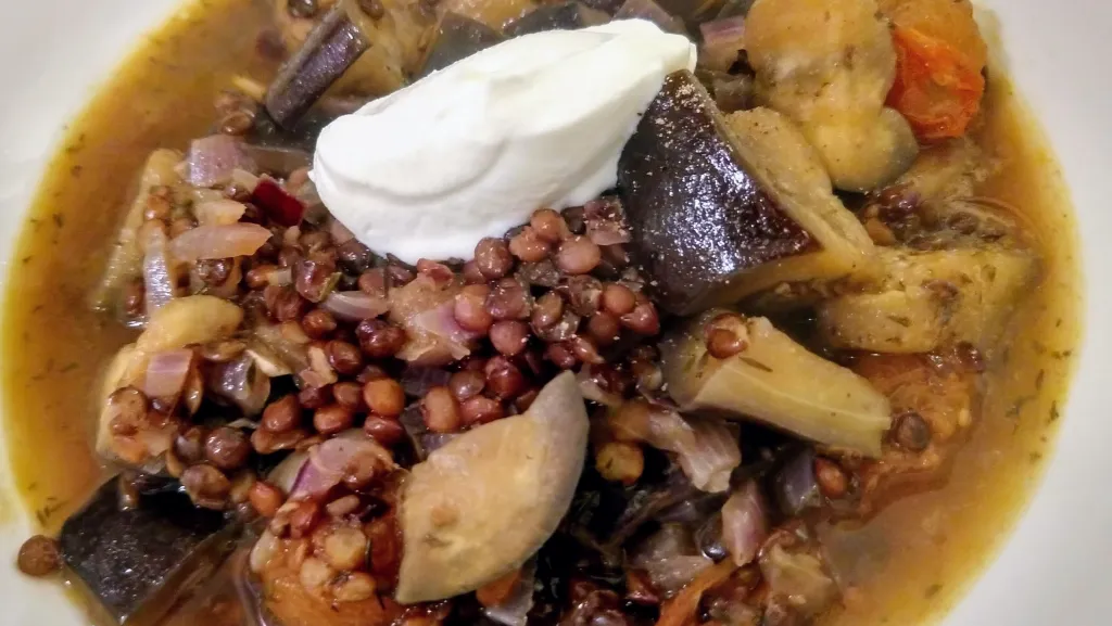 Photograph of Puy lentil and aubergine stew.