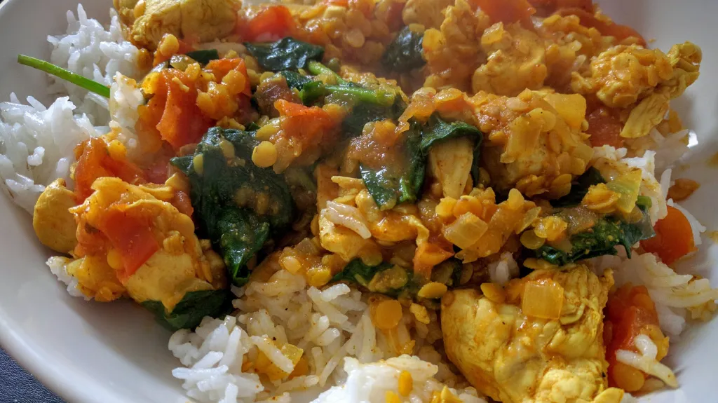 Photograph of Quick chicken & red lentil curry.